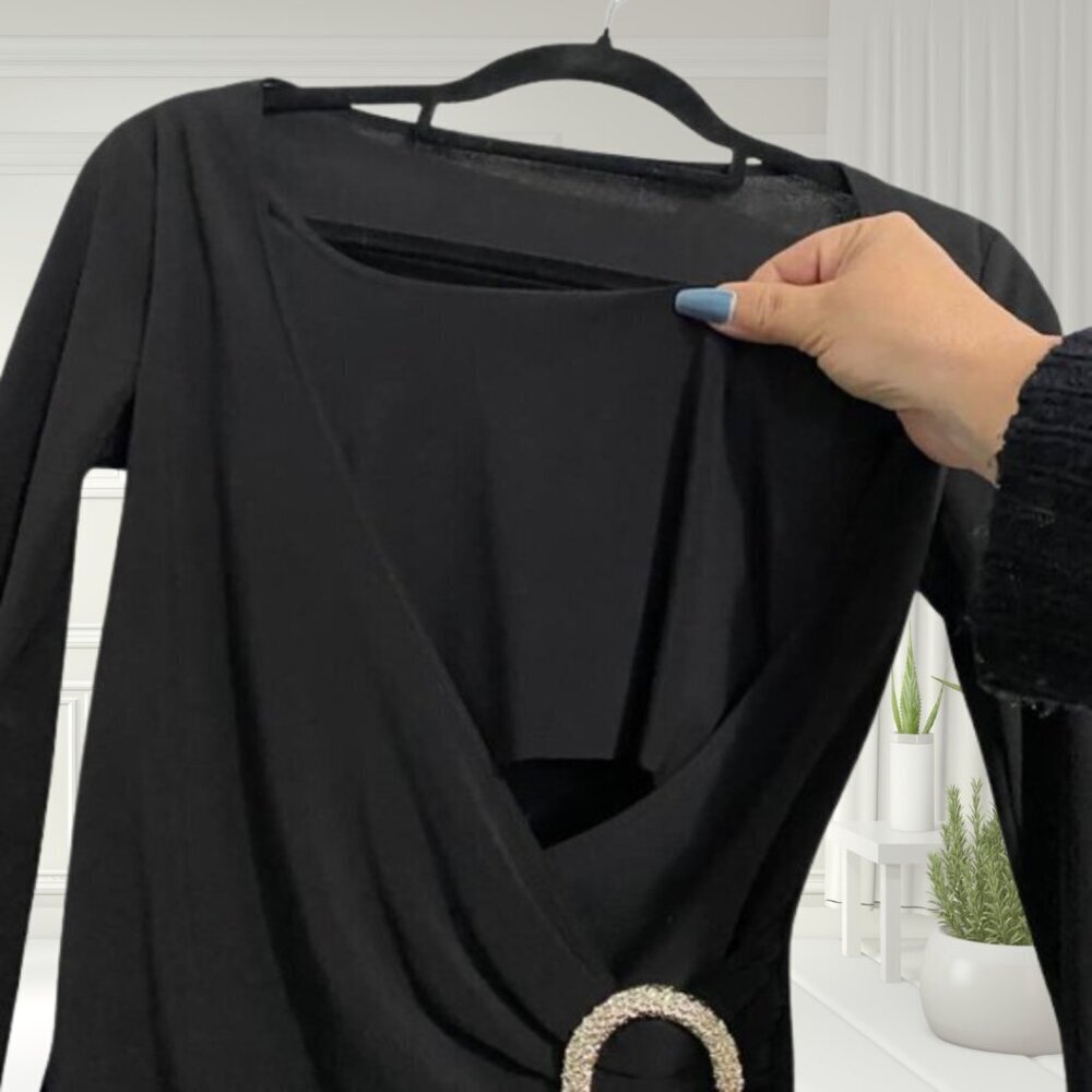 Black Long Sleeve Wrap Top with Decorative Hoop – Size S, Partial Cami Insert - Picture 4 of 10